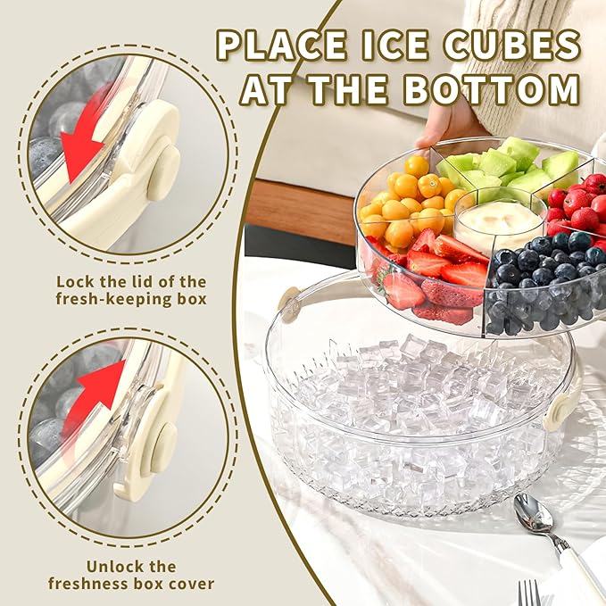 Fruit Ice Divided Serving Tray with Lid and handle,Chilled Veggie Tray,Shrimp Cocktail Serving Dish,Ideal Cold Chilled Serving Platter for Parties,Vegetables,Appetizer,Salads,Picnic,Appetizers,Travel