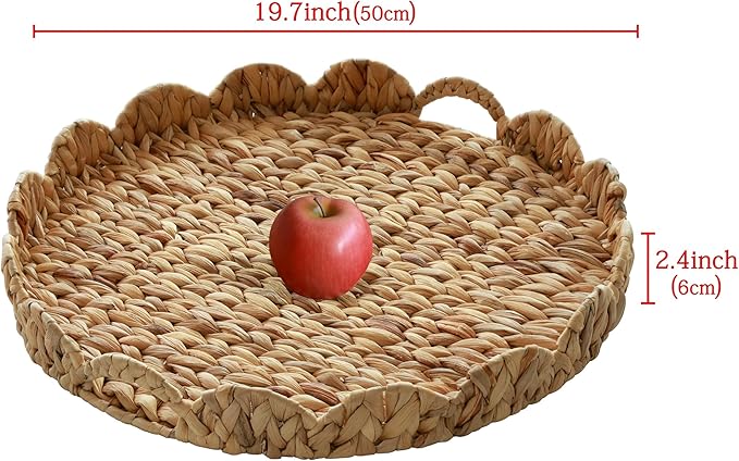 Extra Large Round Ottoman Table Tray 19.7" with Handles - Water Hyacinth Wicker Serving Tray for Farmhouse Decorative Oversized Coffee Table Trays Living Room Kitchen Counter Breakfast Scalloped