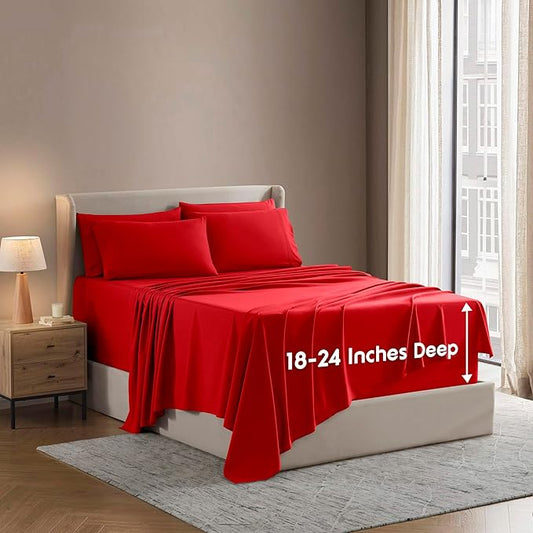 Nestl Extra Deep King Sheet Set - 6 Piece Breathable & Cooling Sheets - Hotel Luxury Bedding Set w/18-24 Inch Deep Pockets - Easy & Secure Fit - Super Soft, Wrinkle Free & Comfy - Red