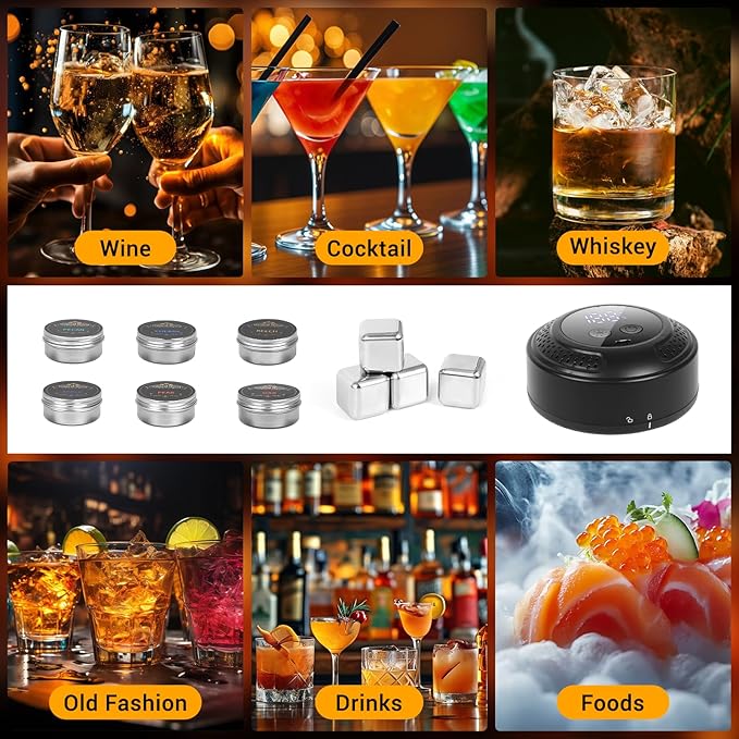 Electric Whiskey Smoker Kit with LED Lights Old Fashioned Drink Smoker Kit 6 Wood Chips 4 Ice Stone Cocktail Smoker Kit No Butane Needed Bourbon Whiskey Gifts for Men Dad Husband