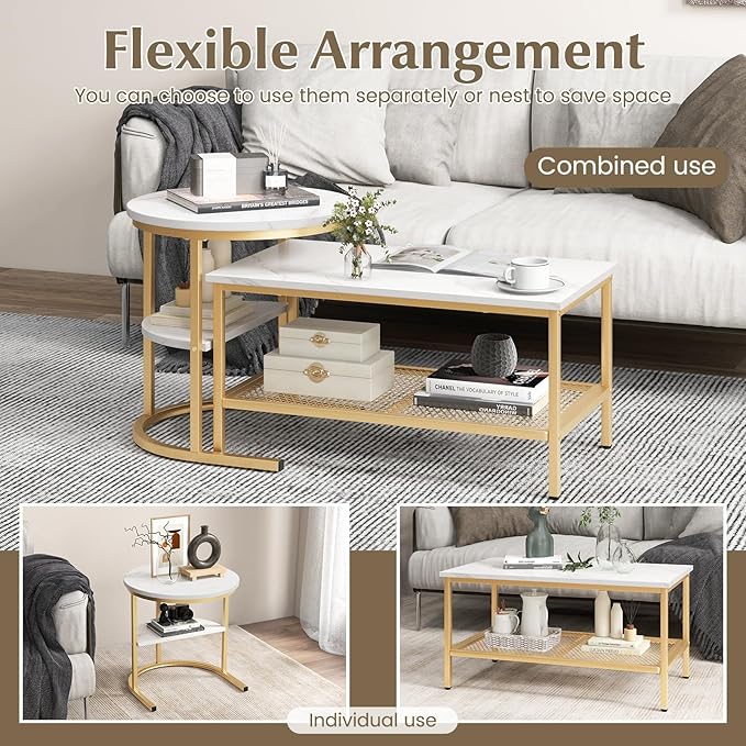 GOFLAME Nesting Coffee Table Set of 2, 2 PCS Nesting Tables with Faux Marble Top and Extra Storage Shelf, Modern Round End Table & Rectangular Coffee Tables for Living Room, Bedroom, Gold+White