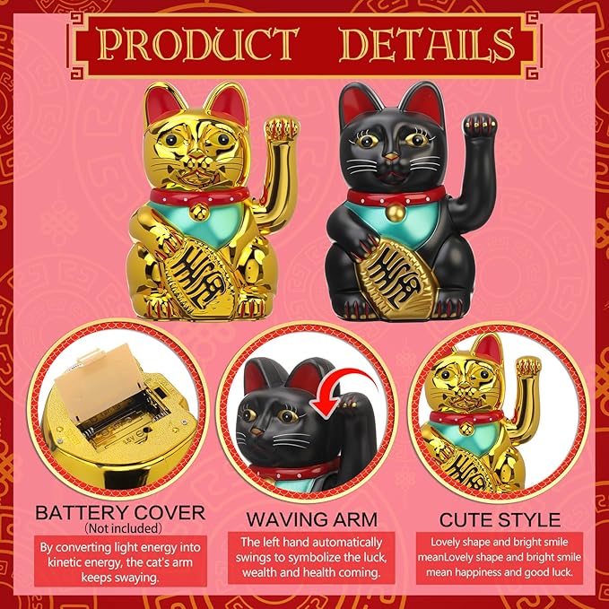 2 Pcs 7 Inch Lucky Cat Waving Arm Maneki Neko Lucky Fortune Cat Fengshui Welcoming Decoration for Home Office Restaurant Shop Gifts Decor Battery Operated (Battery Not Included)