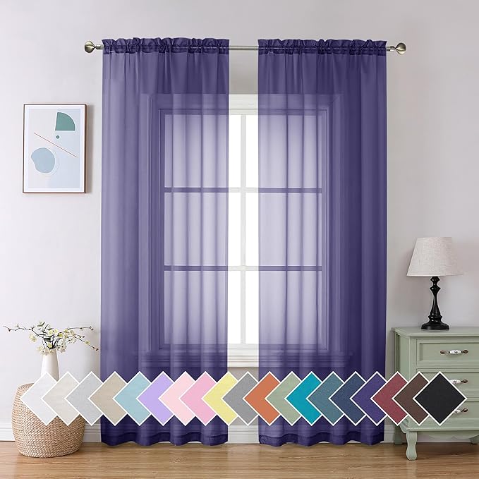 Aiyufeng Purple Sheer Curtains 90 Inches Long 2 Panels Set, Light Filtering Soft Airy Voile Rod Pocket Purple Sheer Window Drapes for Bedroom Living Room, Each 42Wx90L Inches