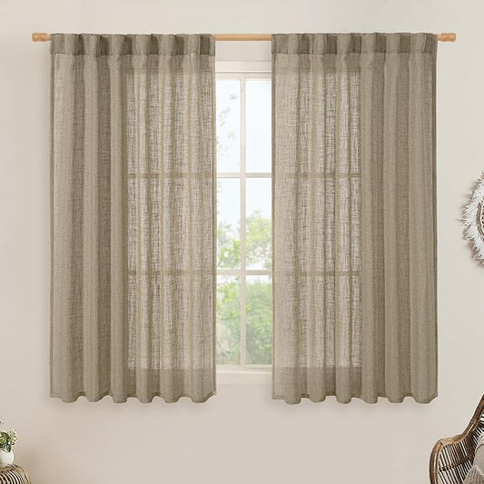 LAMIT Taupe Linen Curtains 54 Inch Length 2 Panels, Light Filtering Panels Back Tab and Rod Pocket Country Decor Drapes for Bathroom/Window/Bedroom, 52 x 54 Inch