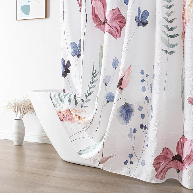 QiyI Spring Floral Shower Curtain, Watercolor Wildflowers Minimalist Bath Set, 3D Embossed Butterflies Botanical Flower Bathroom, Waterproof Fabric With Hooks, 72x72