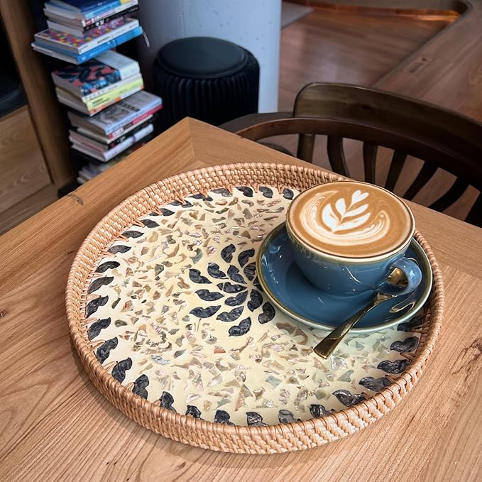 14" Large Rattan Serving Tray with Mother of Pearl, Round Coffee Table Tray Decor, Boho Decorative Hand-Woven Wicker Home Decor (Lucky Flower)
