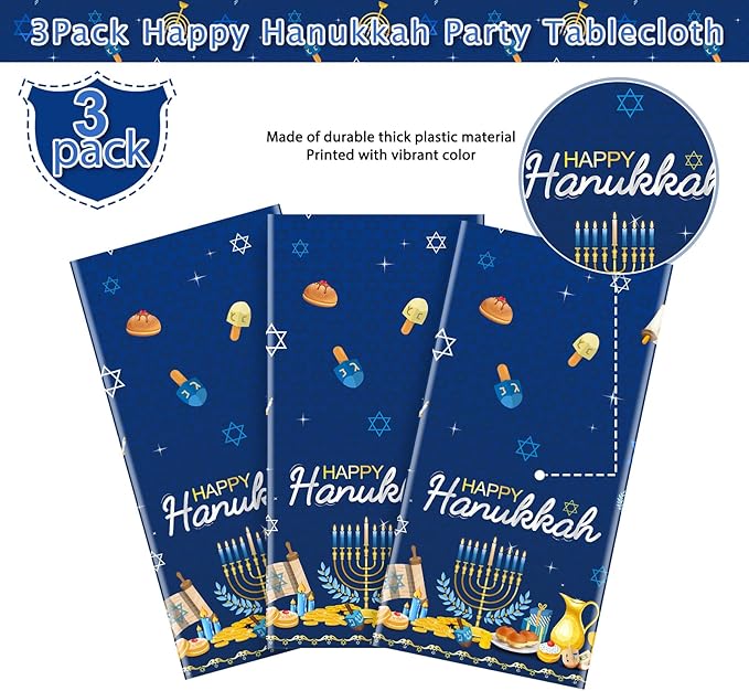 3Pcs Happy Hanukkah Tablecloth Decorations, Rectangle Plastic Jewish Chanukah Party Table Cover Backdrop Banner for Festival Holiday Supplies, 58x104inch