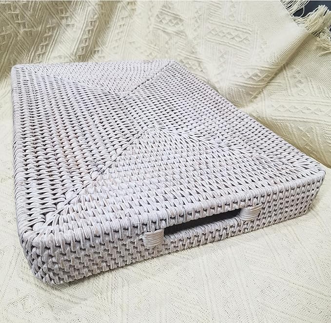 i-lan 17" Handwoven White Washed Natural Rattan Ottoman Serving Tray with Handles-Decorative Wash White Rectangular Wicker Basket Storage Platter for Fruits,Drinks and Table Things