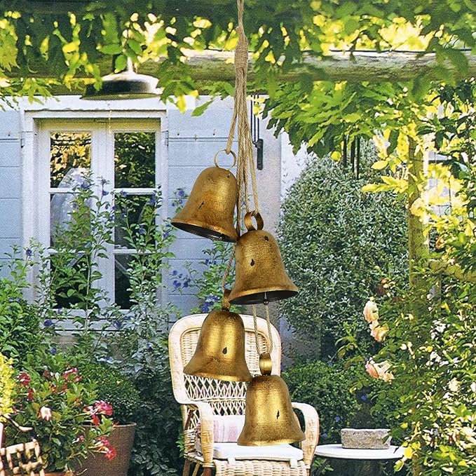 styleonme Decorative Bells, 4-Piece Set of Harmonious Bells, Vintage Handmade and Rustic Lucky Christmas Bells Hanging on a Rope, Gifts for Mom, Grandma, and Women