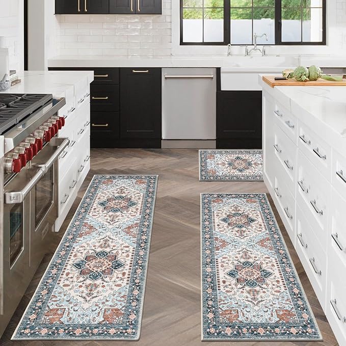 Yamaziot Boho Washable Kitchen Rugs Sets of 3, Non Slip Kitchen Mats for Floor with Rubber Backing, Waterproof & Stain Resistant Thick Carpet Runner Throw Rug for Kitchen, Laundry Room, Hallway
