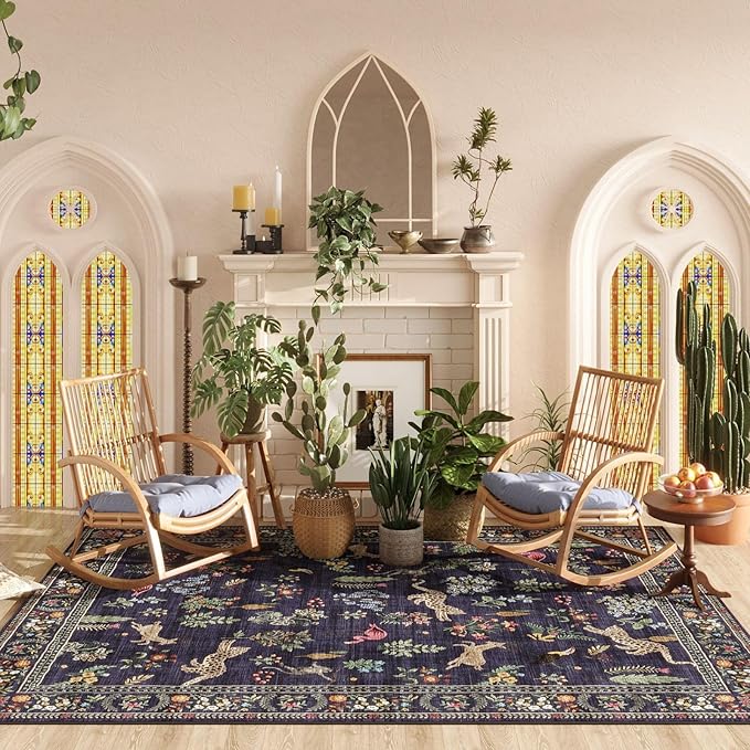 Rugcomf Living Room Rug 5x7 Rug Machine Washable Boho Area Rug Non Slip Floral Animal Vintage Low Pile Large Rugs for Living Room, Bedroom, Farmhouse, Dining Room, Kids Playroom (Blue)