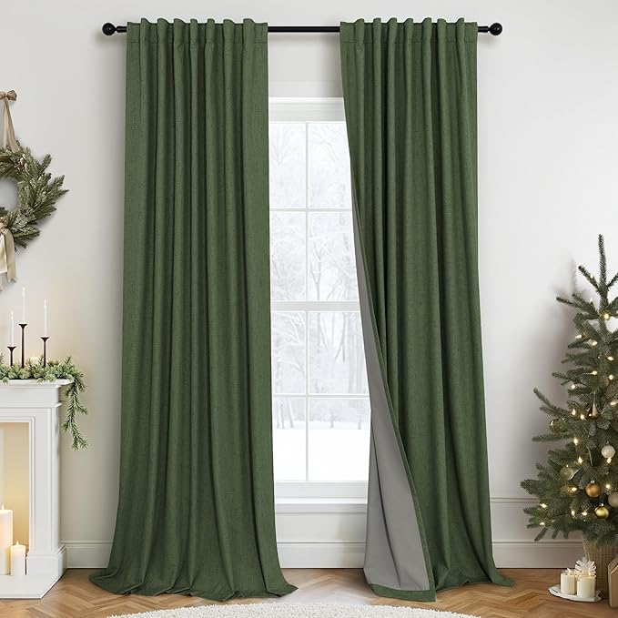 Olive Green Blackout Curtains 84 Inches Long 2 Panels Linen Boho Black Out Dark Green Forest Curtains for Living Room Bedroom Windows Darkening Insulated Thermal Drapes 84 Length Christmas Decorations