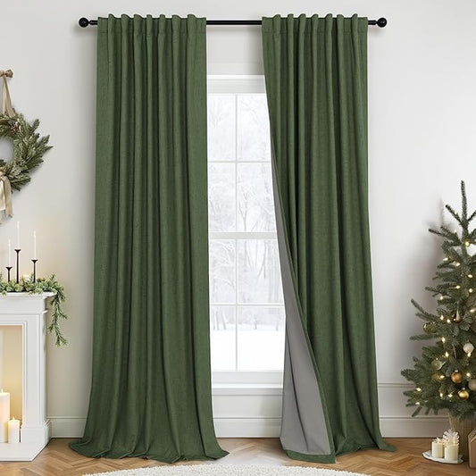 Olive Green Blackout Curtains 84 Inches Long 2 Panels Linen Boho Black Out Dark Green Forest Curtains for Living Room Bedroom Windows Darkening Insulated Thermal Drapes 84 Length Christmas Decorations
