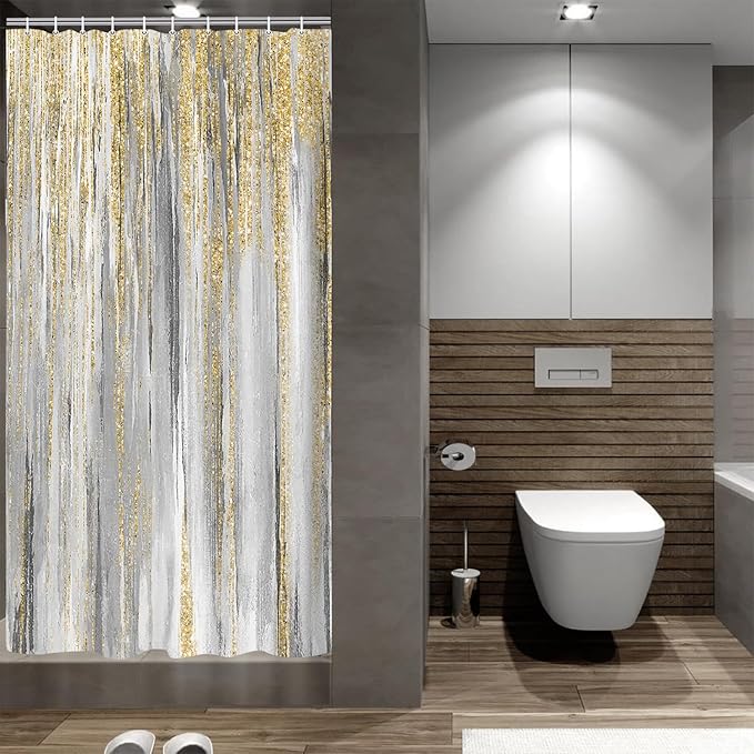 JAWO Abstract Shower Curtain, Modern Aesthetic Stripe Shower Curtain Set 36 X 72 Inches with 12 Hooks for Bathtub Bathroom Gray Purple Contemporary Abstract Painting Fabric