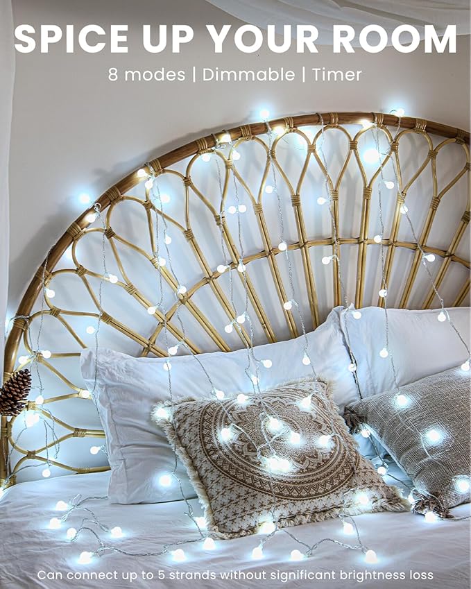 Globe String Lights 59 Ft 100 LED Fairy Lights Plug in with Remote Timer, Connectable Small Frosted Globe Christmas Lights for Bedroom Wedding Xmas Tree Indoor Outdoor Decor, Cool White