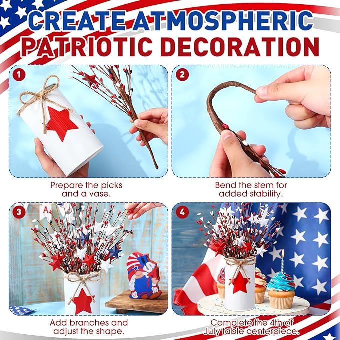 4th of July Table Centerpiece Decoration Patriotic Artificial Flower Stems Star Shaped Berry Picks with Metal Vase Pot for Independence Day Memorial Day Office Home(White and Red)