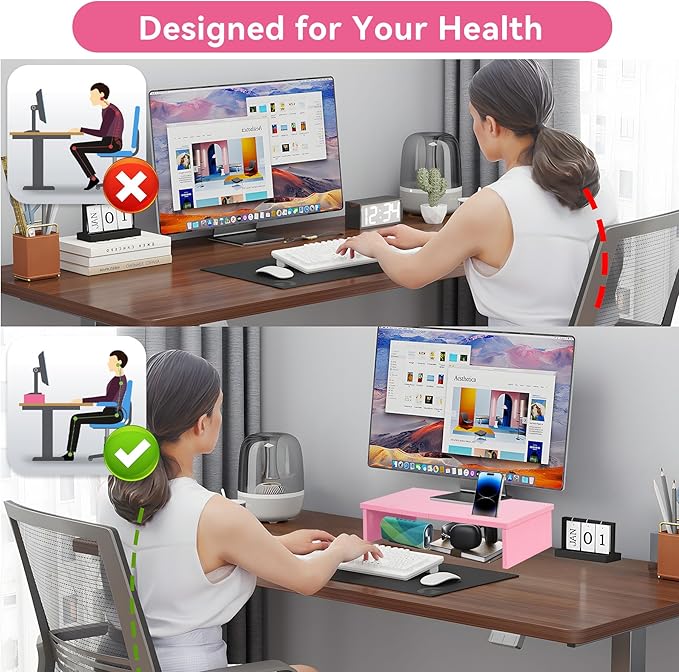 21" Monitor Stand Riser with LED Lights and Phone Holder, Monitor Stand for Desk, Computer Monitor Stand, Desk Shelf for Top of Desk, Desktop Organizer for Laptop, Printer, TV