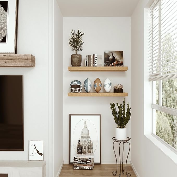 Vivelove Bathroom Floating Shelves for Wall 24 inchs Long, 9.2” deep x 1.6” Wall Shelf for Bedroom, Living Room, Kitchen, Office Home Decor, Deep Wood Shelves with Invisible Brackets, Set of 2, Oak