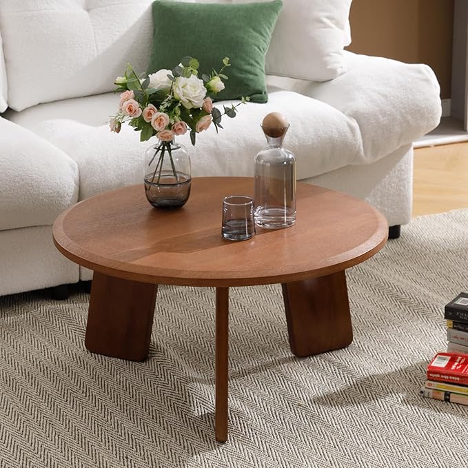 Mid Century Modern Coffee Table Wood Living Room Table Cute Round Coffee Table Center Table Side Table for Living Room Office Reception Room, Walnut