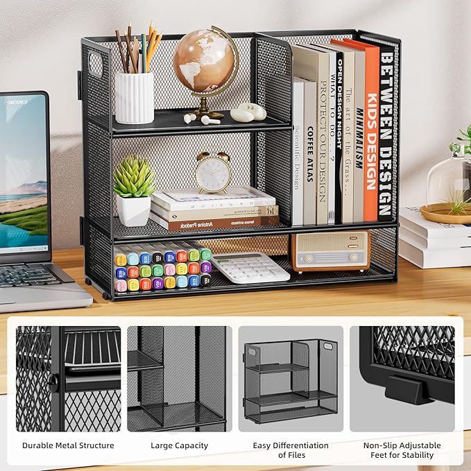 Marbrasse 3-Tier Desk Shelf Organizer with Handle, Desktop Bookshelf File Holder, Mesh Display Shelf Organizer Storage Rack for Office, Home, Supplies, Kitchen (Black)