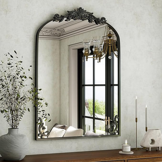 36"x 24" Arched Bathroom Mirror, Wall-Mounted Mirror with Carved Metal Frame & Bottom Art Carved, Vanity Mirror for Home Decor, Hanging Wall Mirror with Baroque Ornate Carved Accents, Vintage Black