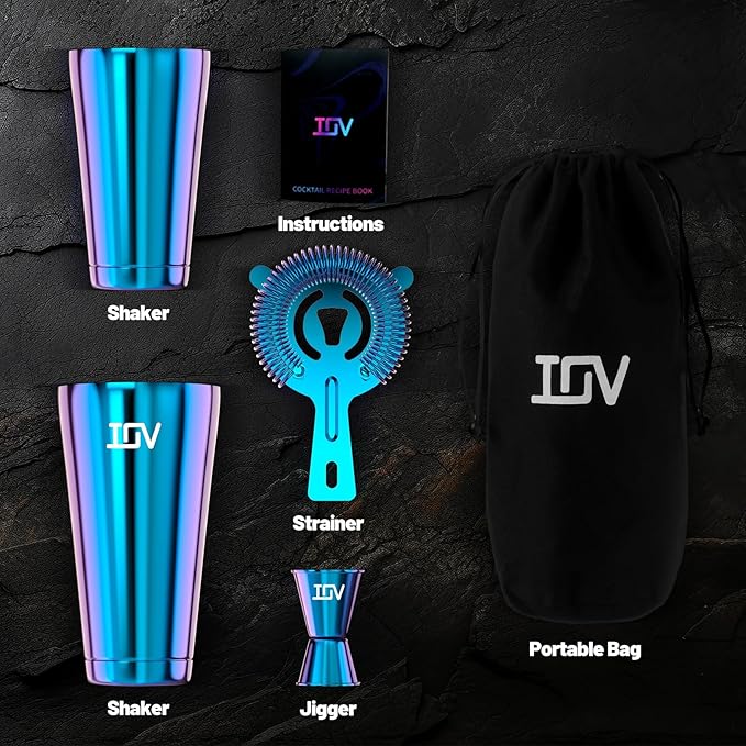 IOV Boston Cocktail Shaker Bar Set, Bartender Kit Drink Mixer Set with 18 oz & 28 oz Boston Shakers, Hawthorne Strainer, Double Jigger, Bar Tool Kit and Recipe Booklet - Rainbow