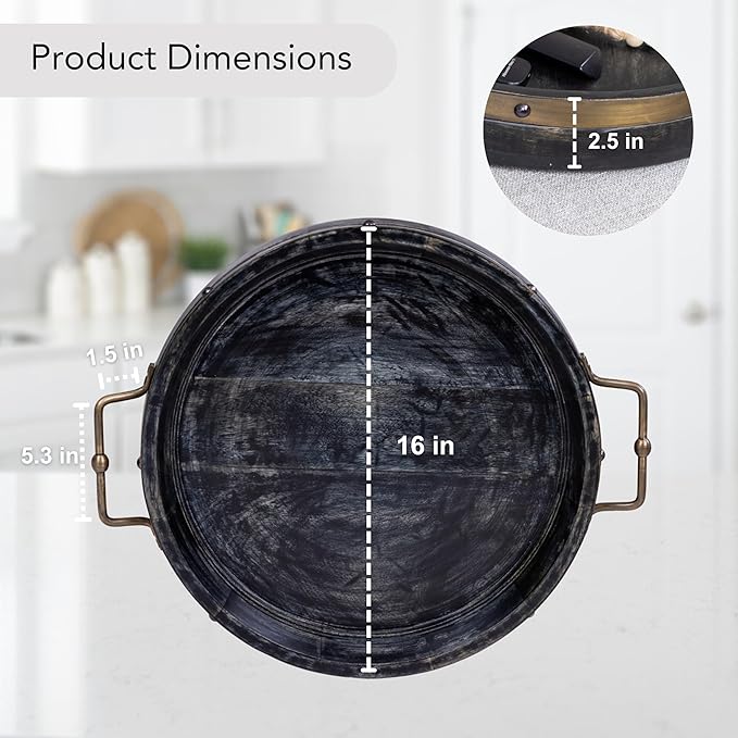 16” Round Ottoman Tray, Distressed Black Mango Wood, Rustic Farmhouse Style with Antique Brass Handles & Accent Strap, Large Coffee Table Tray for Tea, Breakfast in Bed, Living Room