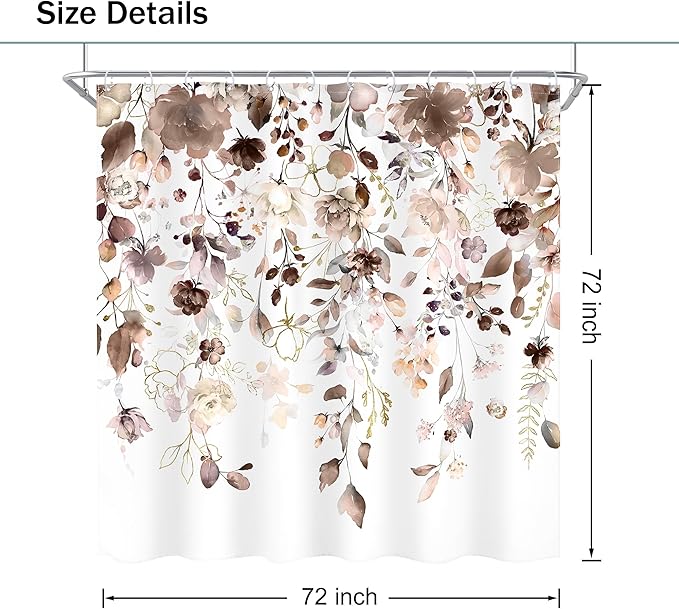 Brown Floral Shower Curtain 72Wx72L Inch Autumn Fall Flower Tan Watercolor Eucalyptus Leaf Pastel Bathroom Set Country Shabby Botanical Plant Bath Curtain Bathtub Accessories Home Decor