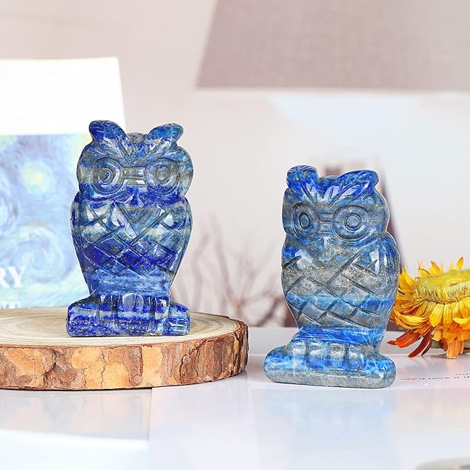 2" Lapis Lazuli Crystal Owl Figurine Gem Stone Owls Statue Animals Carving Owl Gifts for Home Office Decor