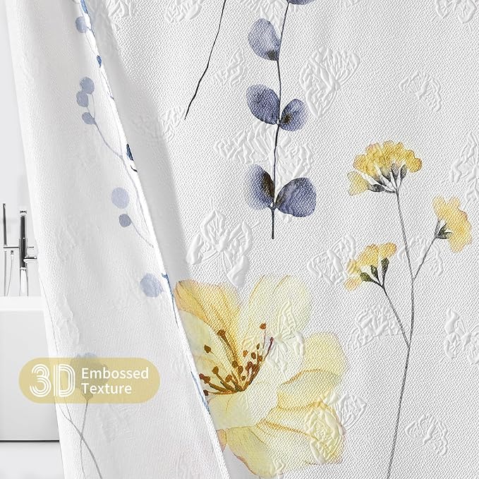 QIYI Watercolor Floral Shower Curtain, 3D Embossed Butterflies Blue Yellow Flower Bathroom Curtain, Minimalist White Cloth Bath Curtain, Waterproof Fabric Textured Shower Curtain Set with Hooks, 72x72