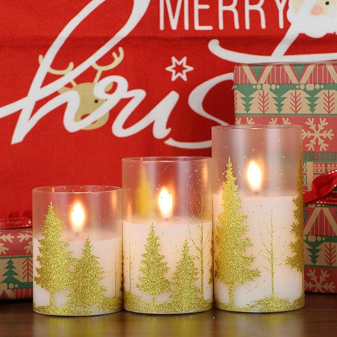 DRomance Christmas Tree Glass Flameless Candles with Remote Timer Battery Operated Real Wax 3D Wick LED Flickering Pillar Candles Christmas Holiday Decor(Gold, 3 x 4,5,6 Inch)