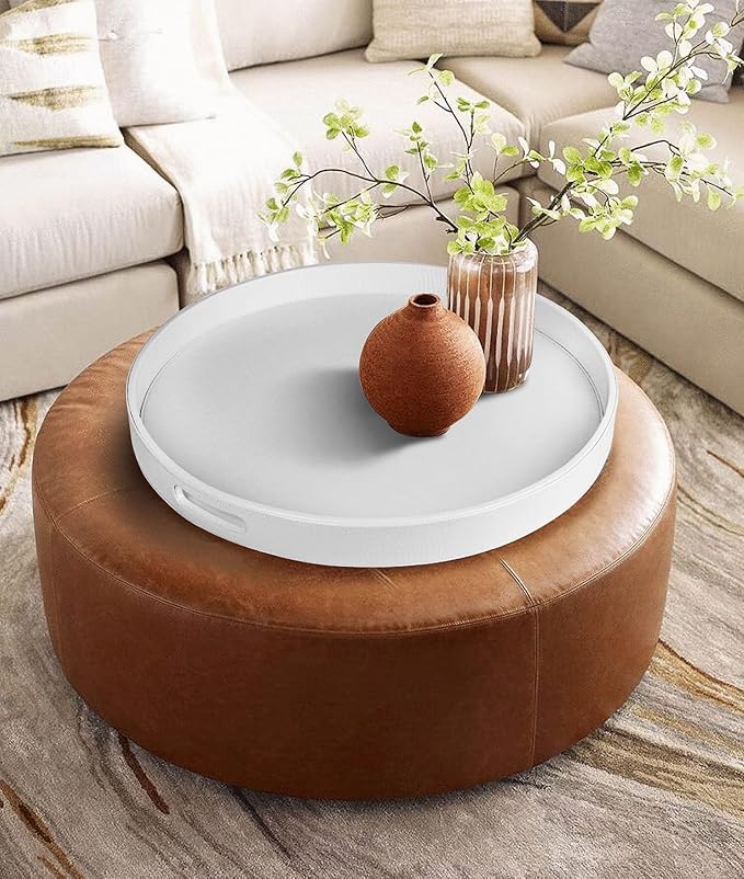 HofferRuffer Extra Large Round Serving Tray, Elegant Faux Leather Circle Ottoman Table Tray with Handles, Serve Tea, Coffee or Breakfast in Bed, Diameter 23.6 x 2.4 inches Height (White)
