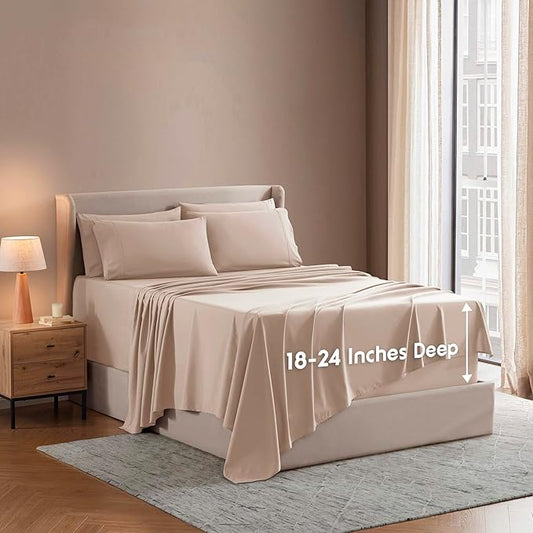 Nestl Extra Deep Cal King Sheet Set - 6 Piece Breathable & Cooling Sheets - Hotel Luxury Bedding Set w/18-24 Inch Deep Pockets - Easy & Secure Fit - Super Soft, Wrinkle Free & Comfy - Beige Cream