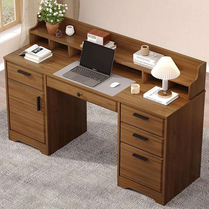 58 Inch Executive Desk with File Drawers, Computer Desk with Storage, Home Office Desk with Storage Cabinet for Bedroom, Rustic Brown