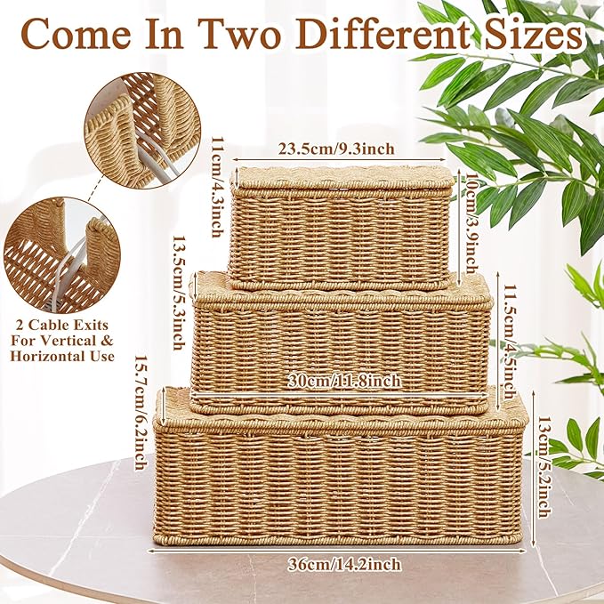 Marsui 3 Pcs Cable Management Box Synthetic Rattan Cord Organizer Cable Hider Storage Wire Box with 2 Open Slots for Home Office Desk Computer TV Wires USB Hub (Small,Medium,Large)