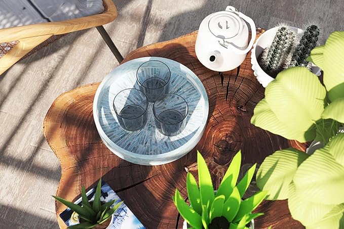 PEMAR 12.6” Mother of Pearl Round Serving Tray with Handles, Decorative Nacred Wooden Ottoman Coffee Table Tray (Teal Sunlight)