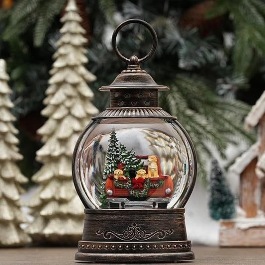 Dog Snow Globe Lighted Christmas Decorations, Musical Snow Globe Lantern with Swirling Glitter, Red Truck Christmas Tree Holiday Party Gifts and Decorations, USB & Battery Operated