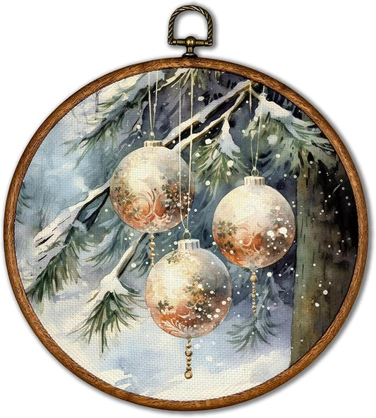 KSDUT Christmas Wall Decor Art - Winter Woodland Xmas Wall Art Canvas Frame Hanging Prints, Vintage Pine Tree Holiday Landscape Round Wall Art Decor for Home Farmhouse Decorations 10"x10"