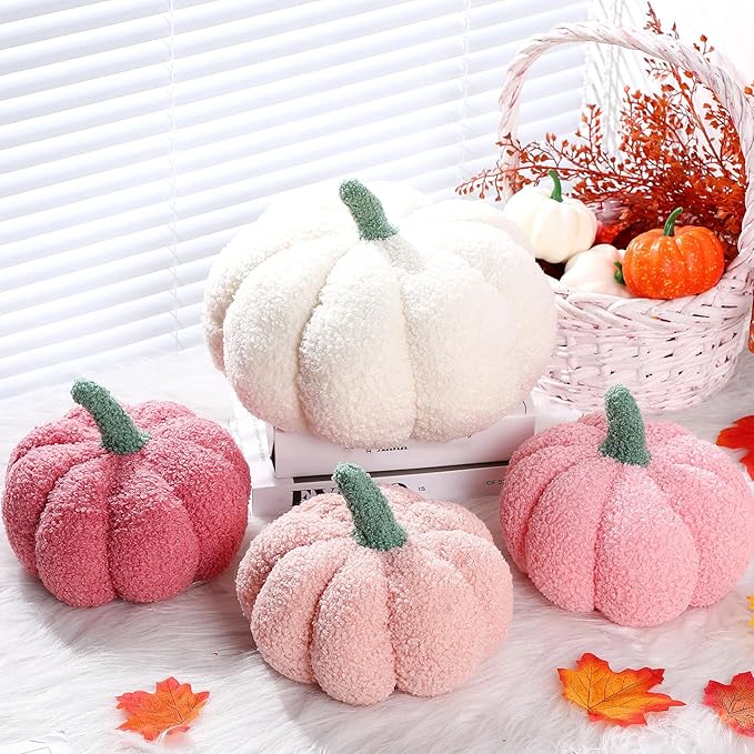 Kajaia 4 Pcs Fall Decor Pumpkin Throw Pillow Fall Pillow 11 Inches 7 Inches 3D Cushion Thanksgiving Sherpa Plush Fluffy Stuffed for Autumn Halloween Christmas Home Sofa(White, Pink Series)