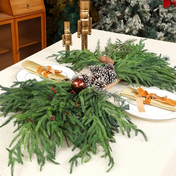 Jutom 6 Pcs 30 Inch Christmas Norfolk Pine Branches, Lifelike Bendable Non-Shedding Greenery Stems Faux Pine Picks for Christmas Mantel Centerpiece Garland Wreath and Holiday Decor