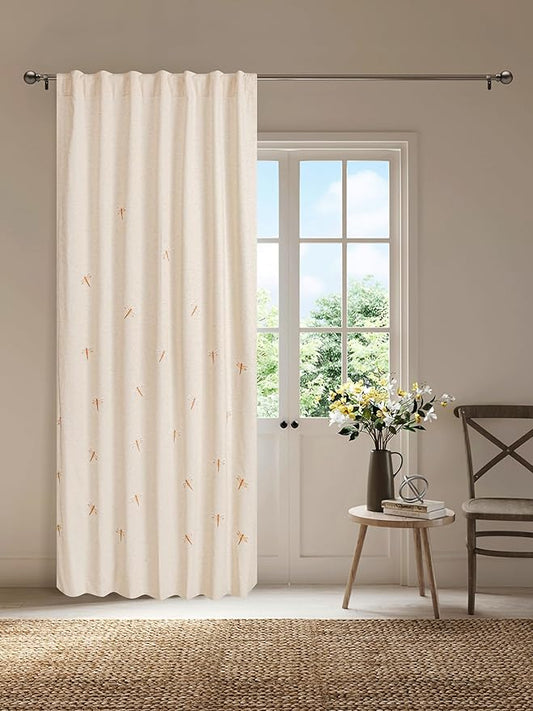 Natural Flax Linen Curtains 50x96 Inch –Brown Taupe with Dragonfly Embroidery, Room Darkening for Bedroom & Living Room