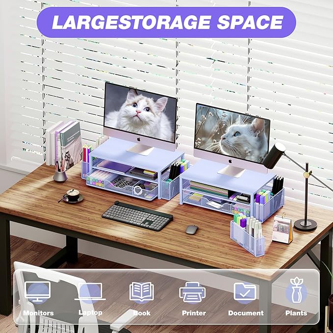 Desk Organizers and Accessories, 2-Tier Computer Monitor Stand Riser with Drawer and 2 Pen Holders, Laptop Stand, Office Desk Accessories for Office Supplies, Blue