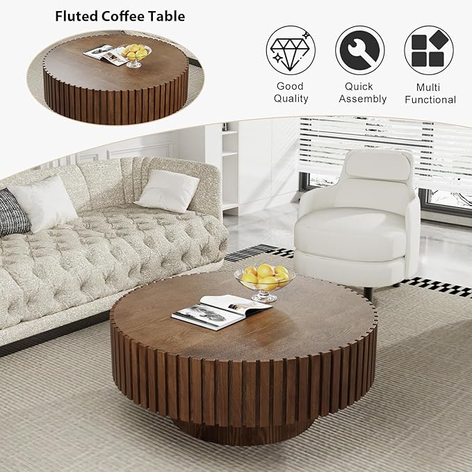 Round Fluted Coffee Table Mid Century Modern Coffee Tables with Handcrafted Relief Circle Drum End Table Rustic Industrial Center Tables for Apartment Living Room (Brown Round)