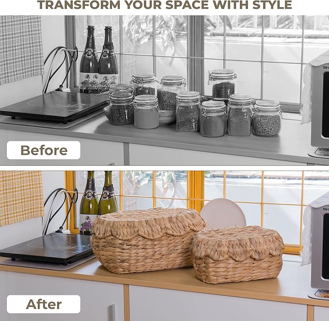 KOKODO Pack of 2 Scalloped Basket with Lids, Water Hyacinth Wicker, BOHO Handwoven Wicker Basket for Gifts, Diaper Caddy Organizer