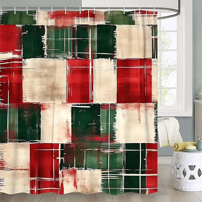 JAWO Christmas Plaid Shower Curtain, Red Green Abstract Christmas Plaid Shower Curtain for Bathroom, Waterproof Polyester Fabric Bathroom Curtains with Hooks for Xmas Holiday,72X84