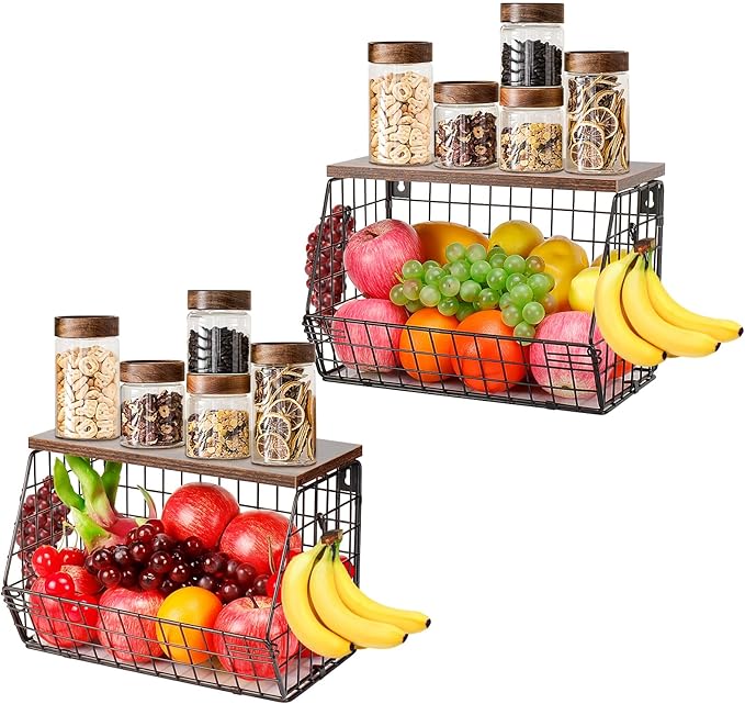 Livabber Fruit Basket for Kitchen, Metal Fruit Vegetable Storage Bin with 2 Banana Hangers, Countertop Wire Basket Organizer for Snack Potato Onion, Screw Mounted or Stand (Black, 2 Pack)