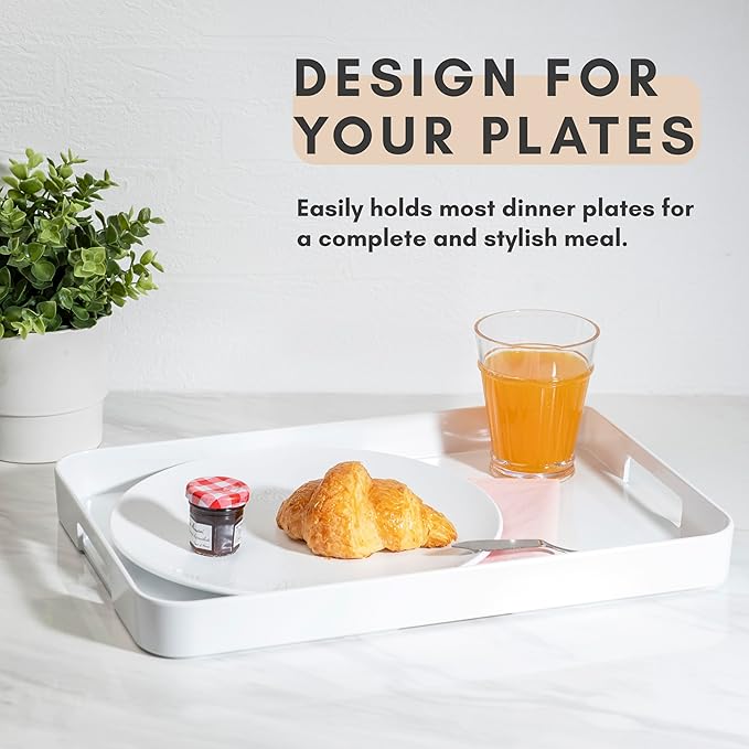 Bzyoo 11.5 x 16 Inch Large Rectangle Stackable Melamine Serving Tray with Handles – Minimalist Design, Multi-Purpose and Durable, BPA Free– Perfect for Kitchen, Dining, and Entertaining - White