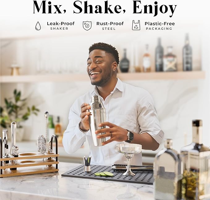 BARE BARREL® Mixology Bartender Kit Bar Set | 14-Piece Cocktail Shaker Set | Martini Barware Mixing Tools for Home Bartending | 35 Recipe Cards | Gift Set (24oz Cobbler Shaker, Silver/Natural)