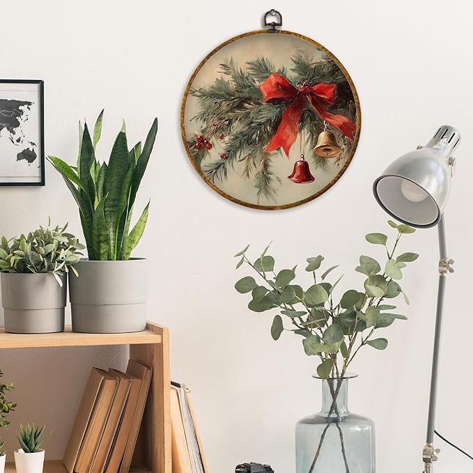 XPH Rustic Christmas Round Wall Art Framed, Winter Coquette Red Bow Bell Botanical Circle Wall Decor, Farmhouse Christmas Hanging Canvas Prints for Home Bedroom Living Room Decoration, 10x10 Inch