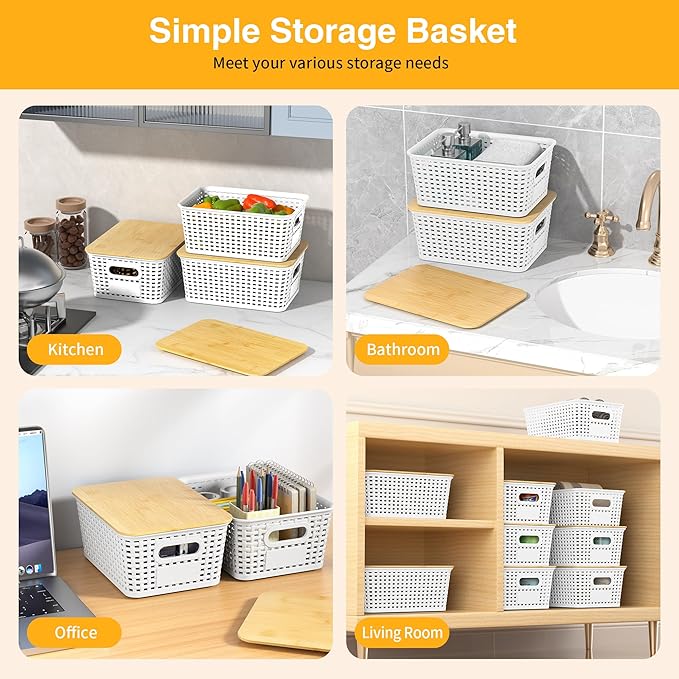 6 Pieces White Plastic Storage Baskets with Bamboo Lids with Labels Stackable Storage Containers for Organizing Shelves Drawers Desktop Closets Office